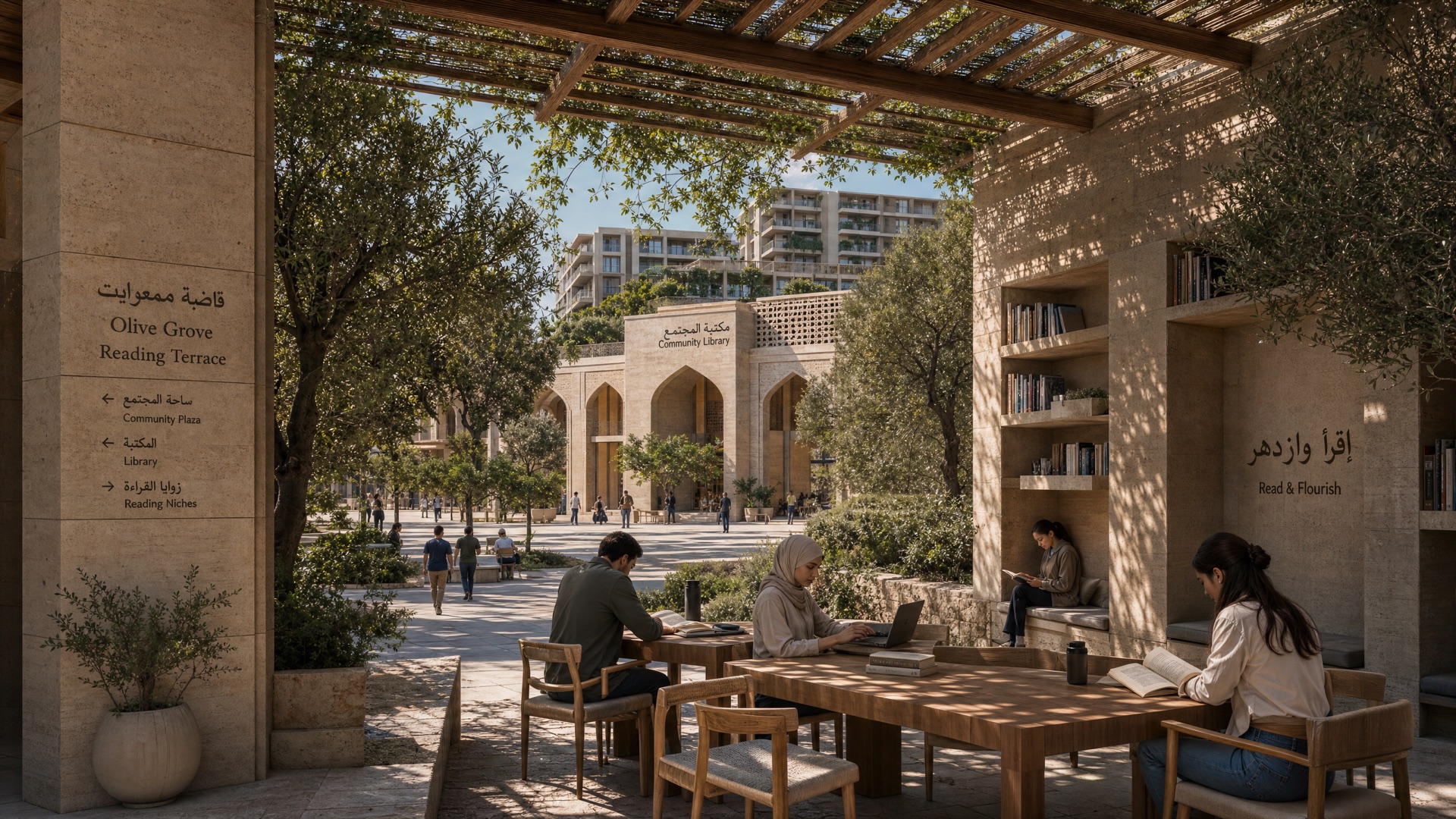 Midday at the library terrace — community library with olive shade